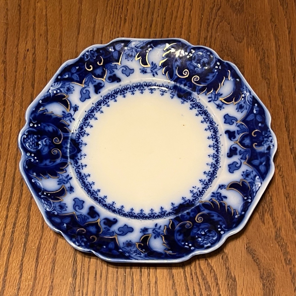 Antique Johnson Brothers Florida Royal Flow Blue Gold Gilt Plate England 8 In